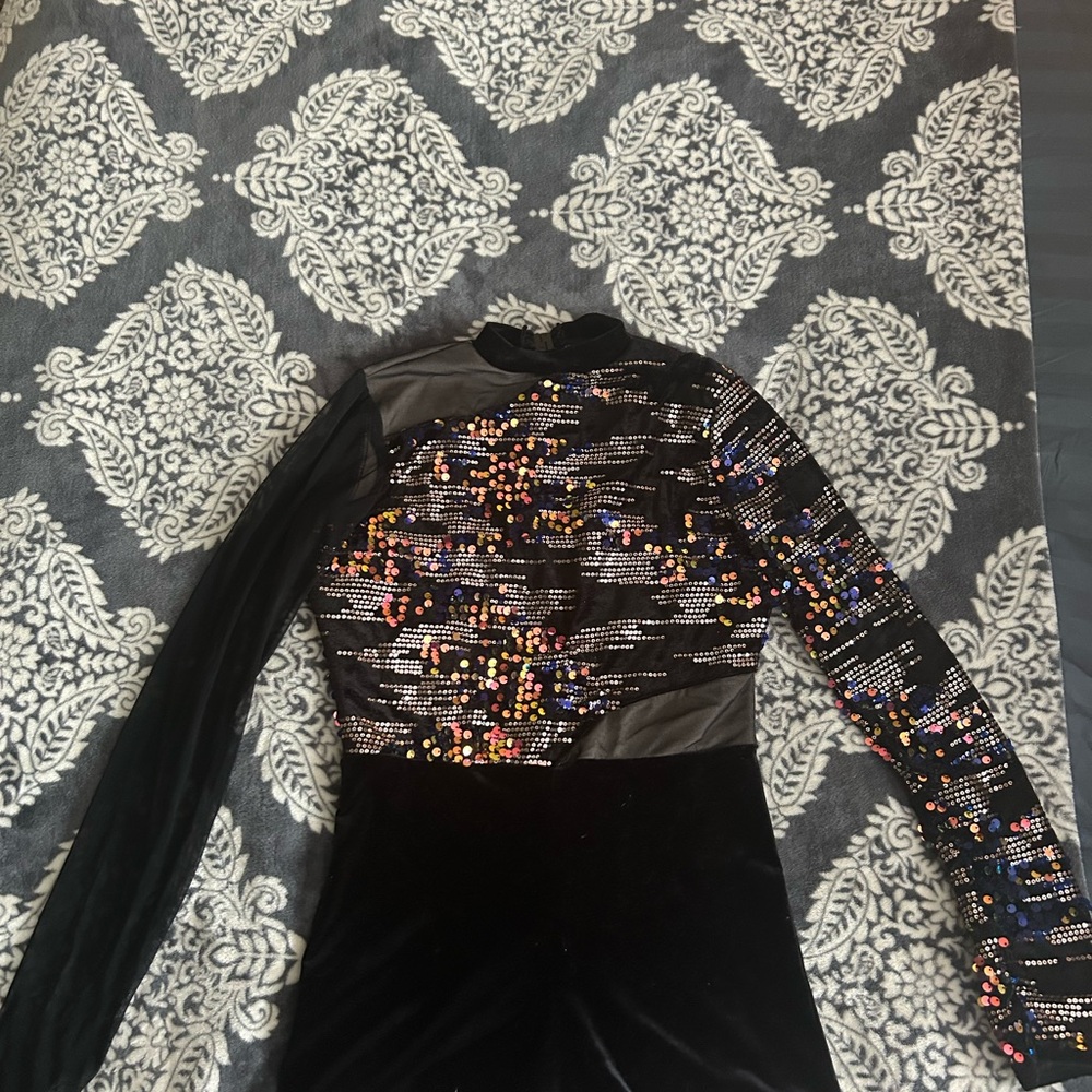 Adult Sz small Black with colorful Sequins Long Sleeve biketard